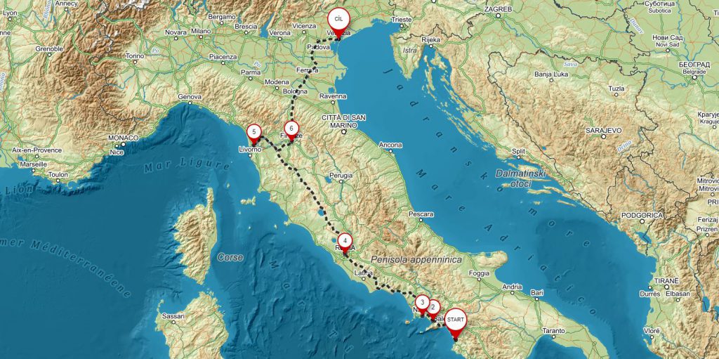 Mapa 750 km pěšky po Itálii